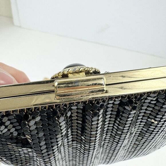 VTG Whiting & Davis Clutch Purse Black Metal Mesh Beaded Closure Chain Strap USA - Picture 10 of 15
